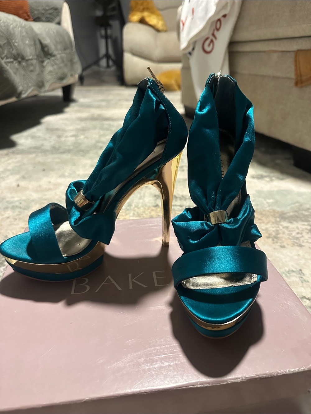 Bakers Teal Satin Platform Heels with Gold Stiletto